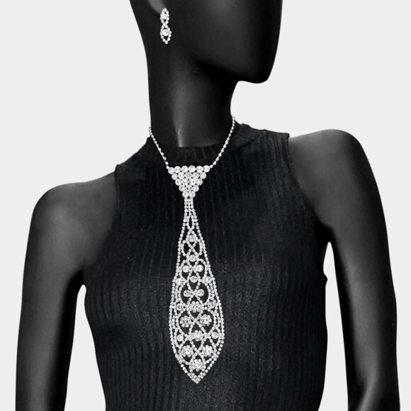 Round Stone Accented Rhinestone Neck Tie Necklace - Picture 2 of 2